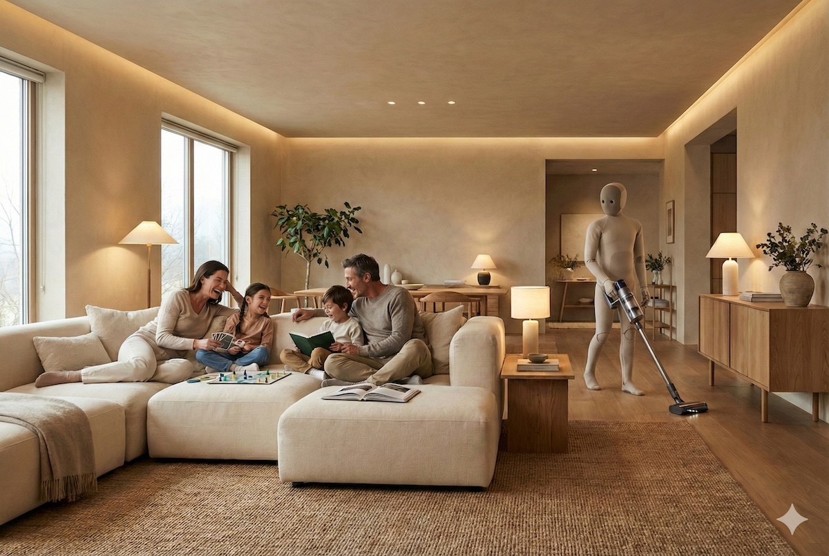 Family interacting with robot